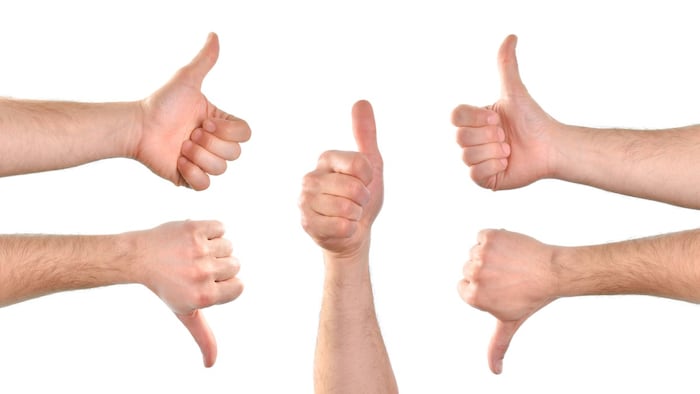 Five hands showing gesture of conformity or disagreement. Horizontal composition.