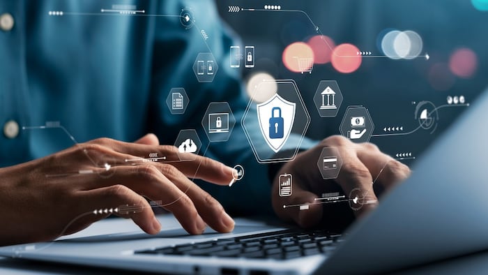 cybersecurity concept Global network security technology, business people protect personal information. Encryption with a padlock icon on the virtual interface.