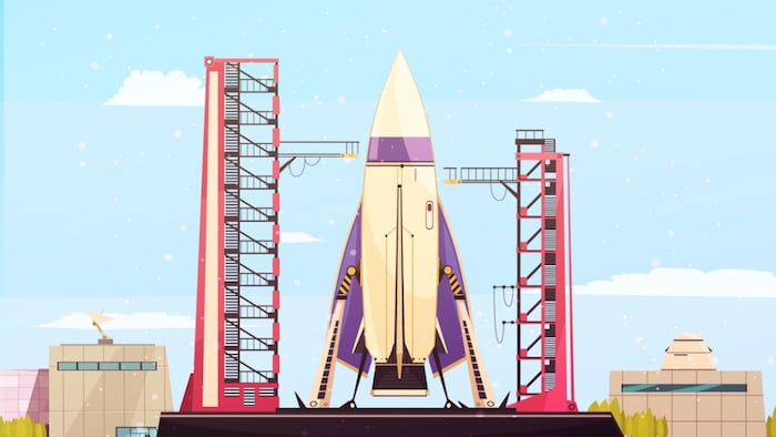 Space technology rocket satellites flat composition of space port scenery