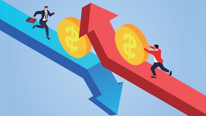 Red and blue arrows up and down with dollar coins, mixed fortunes