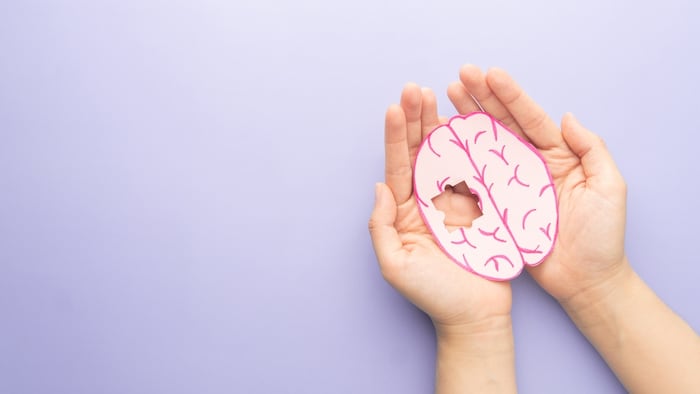 Human Hands Holding Brain Anatomy And Missing A Piece, Of Jigsaw