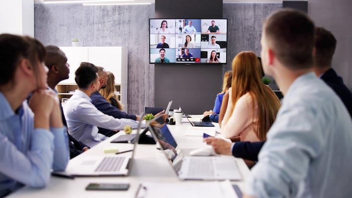 Online Video Conference Call In Boardroom Meeting